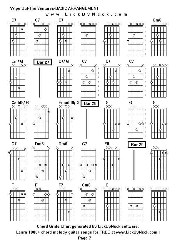 Chord Grids Chart of chord melody fingerstyle guitar song-Wipe Out-The Ventures-BASIC ARRANGEMENT,generated by LickByNeck software.